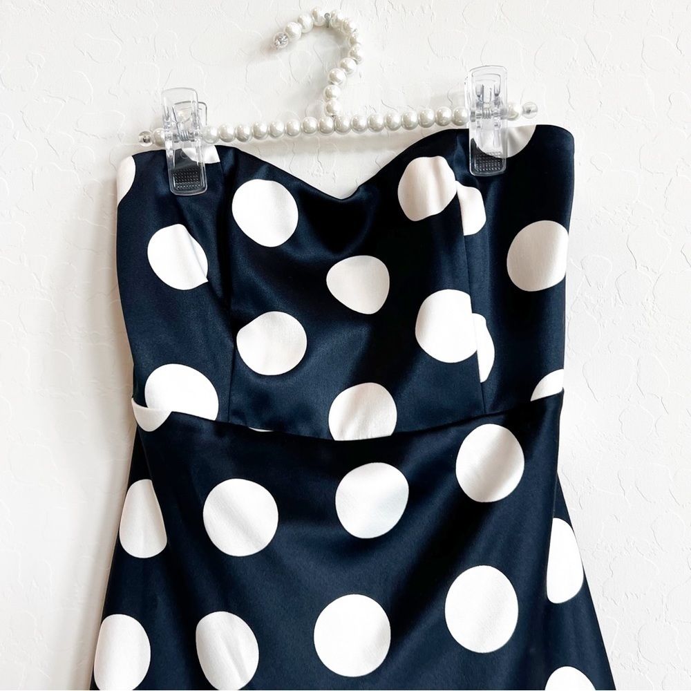 Bardot Women's Satin Polka Dot Strapless Dress Sweetheart Navy Tie Back 4/XS - Picture 3 of 6
